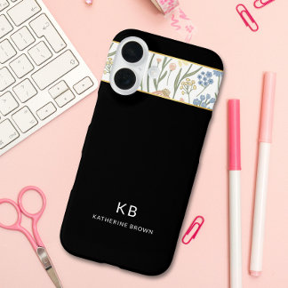 Funda iPhone 16 Modern Monogramm Cute Black Floral Pattern 