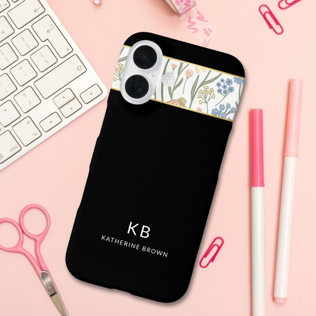 Funda iPhone 16 Modern Monogramm Cute Black Floral Pattern  (Subido por el creador)
