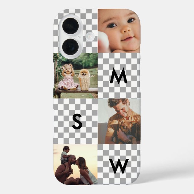 Funda iPhone 16 Modern Photo Collage Monogram Checkerboard (Reverso )