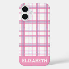 Funda iPhone 16 Modern Preppy Plaid Varsity Font Pink Purple 