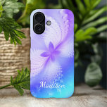 Funda iPhone 16 Moderna Girona púrpura Resumen Nombre de Mariposa<br><div class="desc">Modern Purple Girly Resumen Nombre personalizado de mariposa con un bonito de mariposa abstracta en un fondo morado y azul con su nombre personalizado en la base. Personalice editando el texto en el cuadro de texto proporcionado. Creado por Evco Studio www.zazzle.com/store/evcostudio</div>