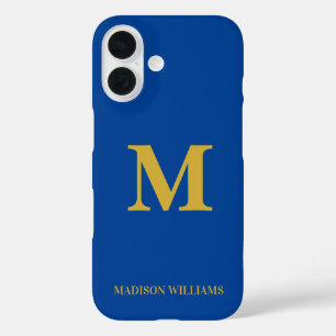 Funda iPhone 16 Moderna Moda Monograma Azul Oro estilo Minimalista