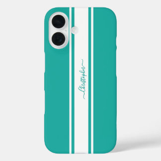 Funda iPhone 16 Modernas bandas Verde azuladas de Carreras blanca 
