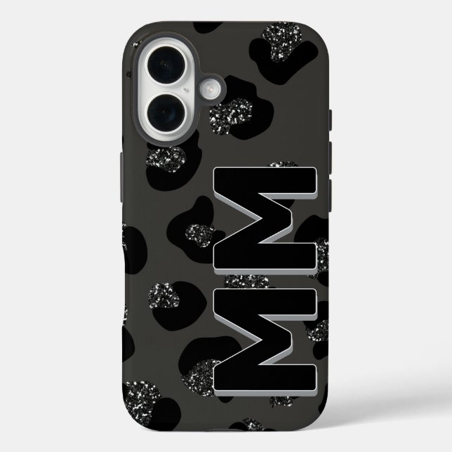 Funda iPhone 16 Moderno Leopardo Negro imprime monograma de sombra (Reverso )