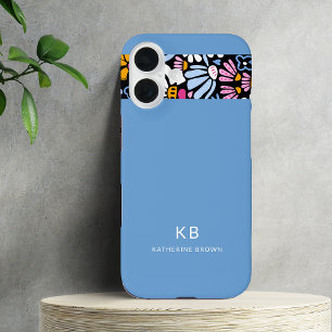Funda iPhone 16 Moderno Patrón Floral Azul Negro Elegante