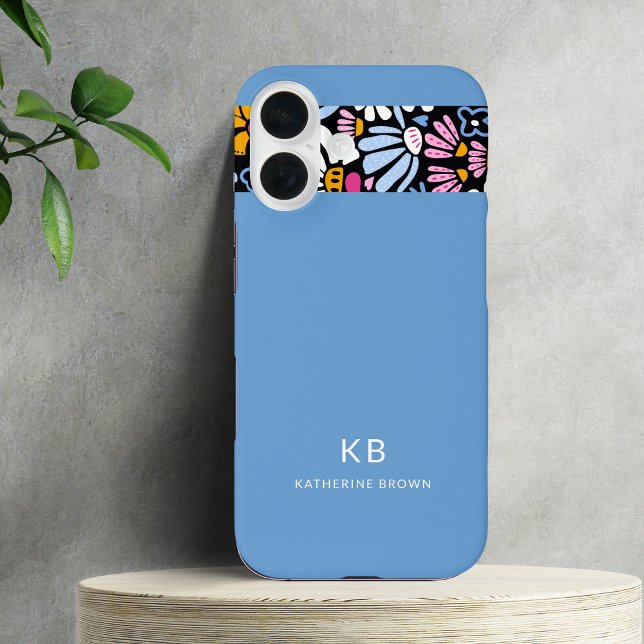 Funda iPhone 16 Moderno Patrón Floral Azul Negro Elegante (Subido por el creador)