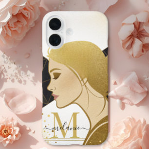 Funda iPhone 16 Moderno y elegante Purpurina de oro Monograma negr