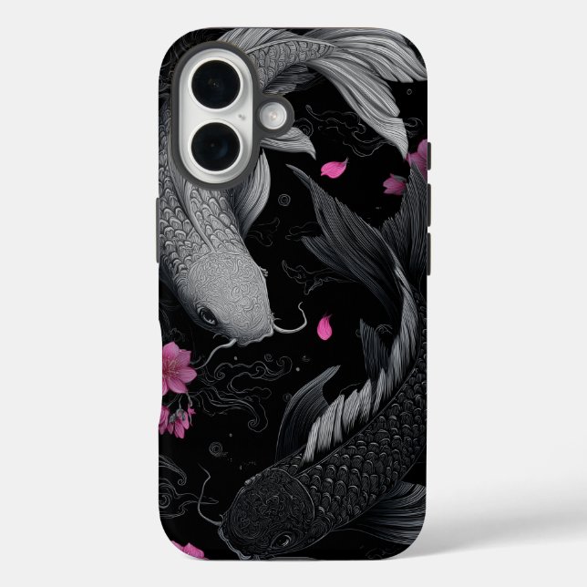 Funda iPhone 16 Modo oscuro de peces Koi japoneses (Reverso )