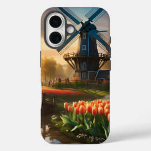 Funda iPhone 16 Molino de viento en campo holandés a orillas del r