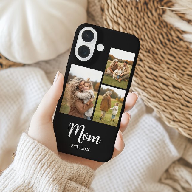 Funda iPhone 16 Mom Established Modern Script Text Black 3 Photo (Mom established script text with 3 photos - fully personalizable)