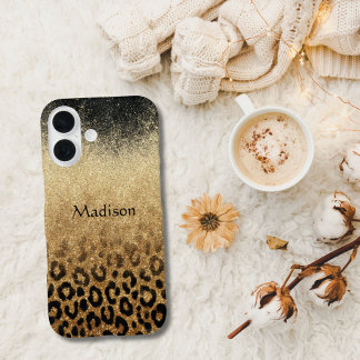 Funda iPhone 16 Monogram Black Gold Glitter Leopard Print