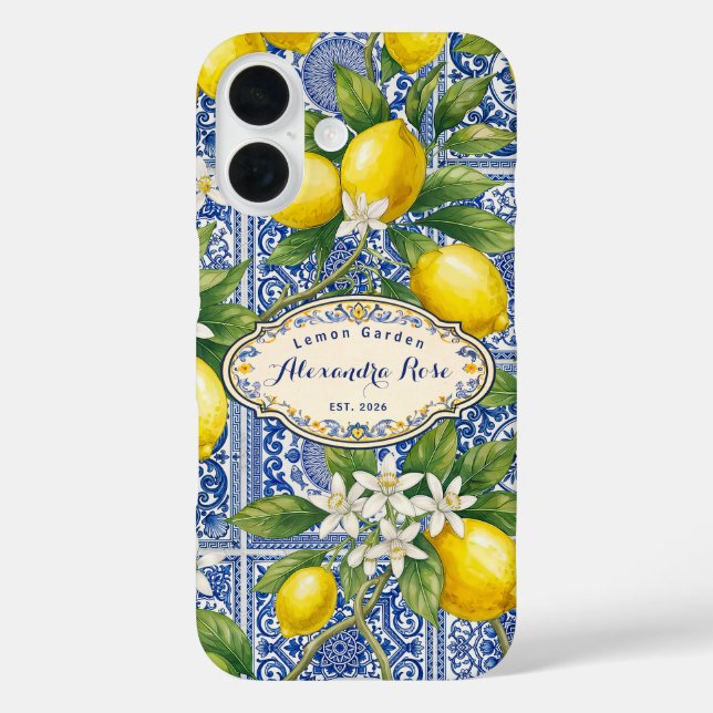 Funda iPhone 16 Monogram Name Lemon Blue French Country Tile  (Reverso )