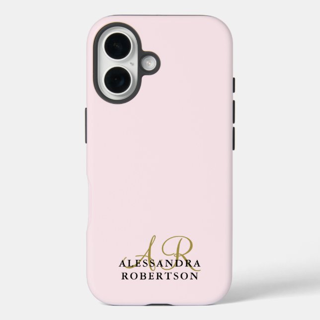 Funda iPhone 16 Monogram Pastel Pink Minimalist Gold Black Elegant (Reverso )