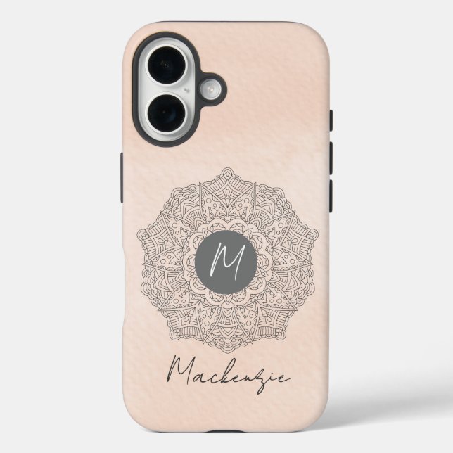 Funda iPhone 16 Monogram Template Name Modern Mandala Blush Pink (Reverso )