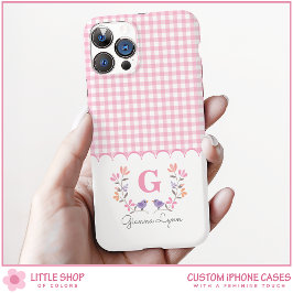 Funda iPhone 16 Monograma a cuadros florales rosados