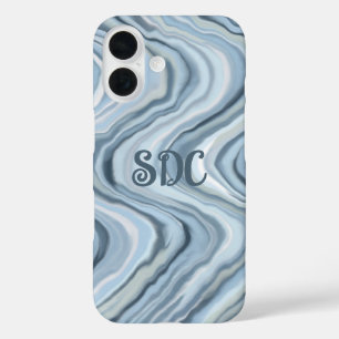 Funda iPhone 16 Monograma acuarela color pastel rayas azul marina 