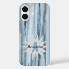 Funda iPhone 16 Monograma acuarela de rayas pastel azul marino gri