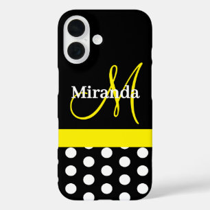 Funda iPhone 16 Monograma Amarillo Negro con Lunares Blancos