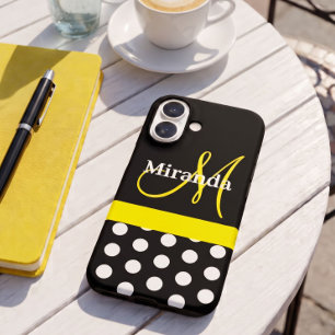 Funda iPhone 16 Monograma Amarillo Negro con Lunares Blancos