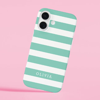 Funda iPhone 16 Monograma Aqua y White Classic Stripes