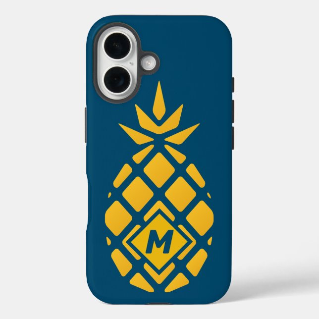Funda iPhone 16 Monograma azul de piña geométrica de moda (Reverso )