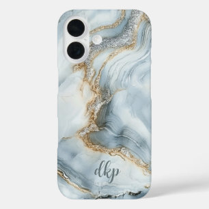 Funda iPhone 16 Monograma Blue White Silver Dorado Marble Swirl