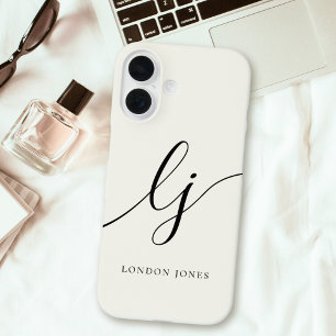 Funda iPhone 16 Monograma caligrafía moderna Script marfil-blanco