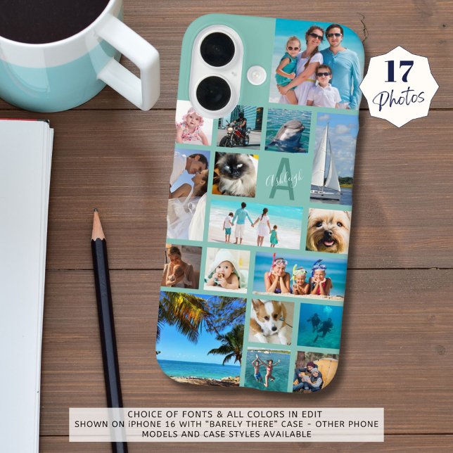 Funda iPhone 16 Monograma collage de fotos 17 Fotos Mint Green (Subido por el creador)
