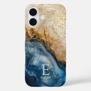 Funda iPhone 16 Monograma con brillo dorado estilo canica azul