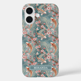 Funda iPhone 16 Monograma con patrón de pez Koi de Sakura japonesa