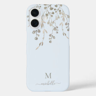 Funda iPhone 16 Monograma de Acuarela Botánica Personalizada Azul