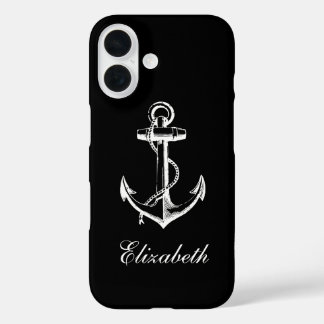 Funda iPhone 16 Monograma de ancla blanca y negra