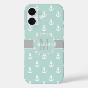 Funda iPhone 16 Monograma de anclajes de barco gris blanco Verde a