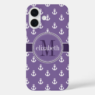 Funda iPhone 16 Monograma de anclajes de naves blancas púrpura