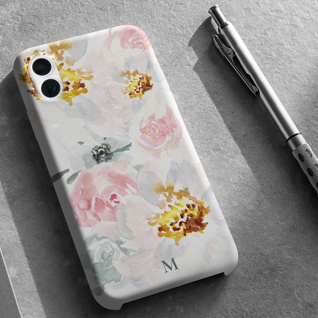 Funda iPhone 16 Monograma de arte floral de acuarela personalizada (boho watercolor flowers iphone monogram case)