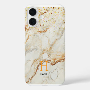 Funda iPhone 16 Monograma de brillo dorado mármol blanco chic