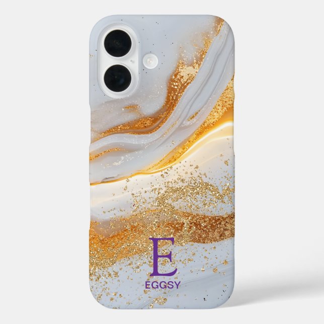 Funda iPhone 16 Monograma de brillo dorado mármol blanco chic (Reverso )