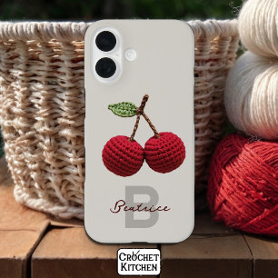 Funda iPhone 16 Monograma de cerezo rojo crochet minimalista
