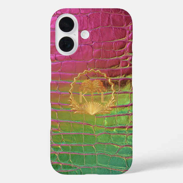 Funda iPhone 16 Monograma de Cocodrilo Iridescente Rosa Verde con  (Reverso )