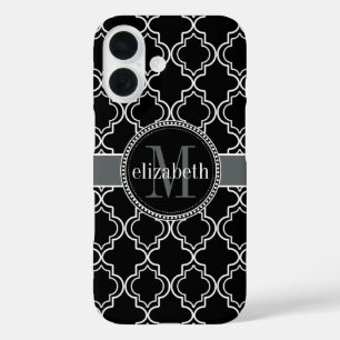 Funda iPhone 16 Monograma de cuatrefolios marroquíes blancos negro