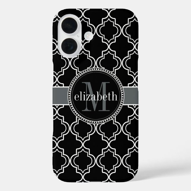 Funda iPhone 16 Monograma de cuatrefolios marroquíes blancos negro (Reverso )