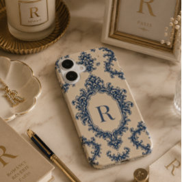 Funda iPhone 16 Monograma de Damasco Azul Personalizado