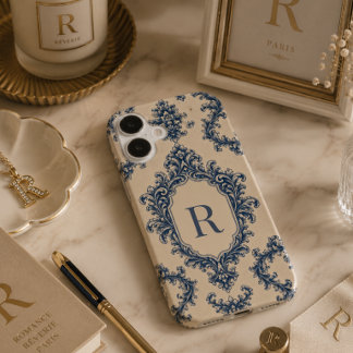Funda iPhone 16 Monograma de Damasco Azul Personalizado