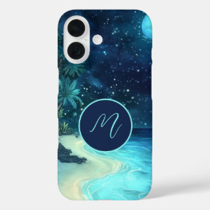 Funda iPhone 16 Monograma de Dreamy Beach Starry Night Sky