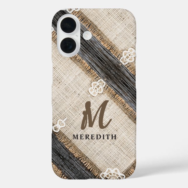 Funda iPhone 16 Monograma de elegancia de madera de leña Rústico L (Reverso )