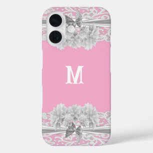 Funda iPhone 16 monograma de encaje blanco bonito