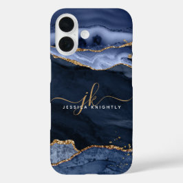 Funda iPhone 16 Monograma de escritura de oro de la áscara azul de