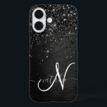 Funda iPhone 16 Monograma de espuma de Purpurina negro personaliza<br><div class="desc">Personalice fácilmente este elegante diseño de estuches de teléfono de moda con purpurina brillante negro de bonito sobre fondo metálico cepillado negro.</div>