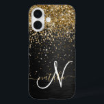 Funda iPhone 16 Monograma de espuma negra Purpurina de oro persona<br><div class="desc">Personaliza fácilmente este elegante diseño de estuches de teléfono de moda con purpurina brillante de oro en bonito sobre fondo metálico cepillado negro.</div>