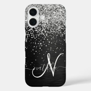 Funda iPhone 16 Monograma de espuma negra Purpurina plateado perso